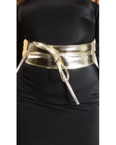 Accesorii, Curea dama, din imitatie piele, aurie, lata, cu snur, Kalissy - jojofashion.ro