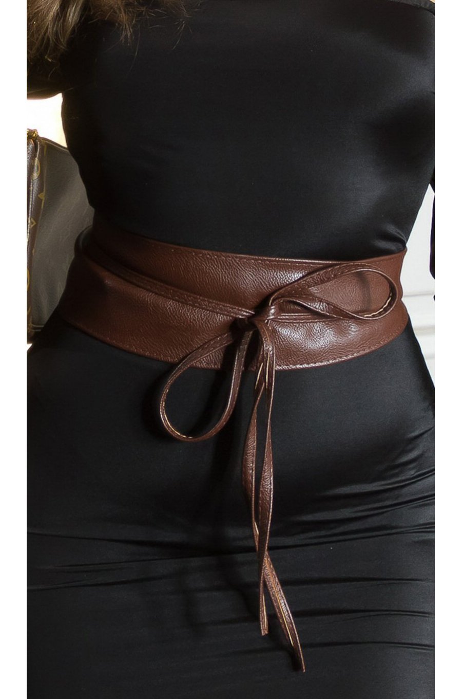 Curea dama, din imitatie piele, maro, lata, cu snur, Kalissy 1 - jojofashion.ro