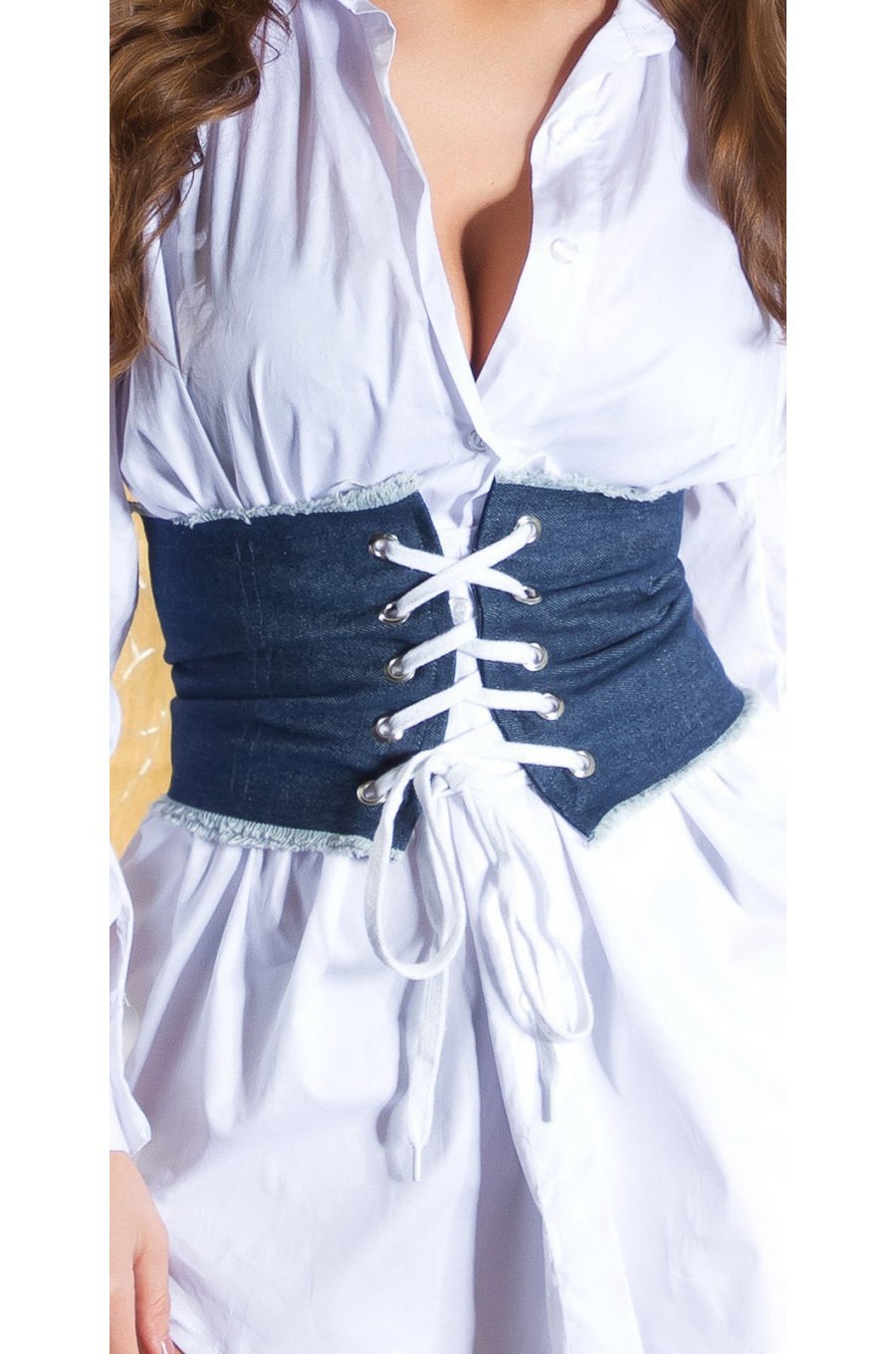Curea dama tip corset, din denim, albastra, lata, cu snur, Hiraani 1 - jojofashion.ro