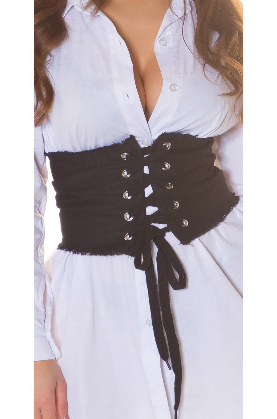 Curea dama tip corset, din denim, neagra, lata, cu snur, Hiraani Curea dama tip corset, din denim, neagra, lata, cu snur, Hiraani 1 - jojofashion.ro
