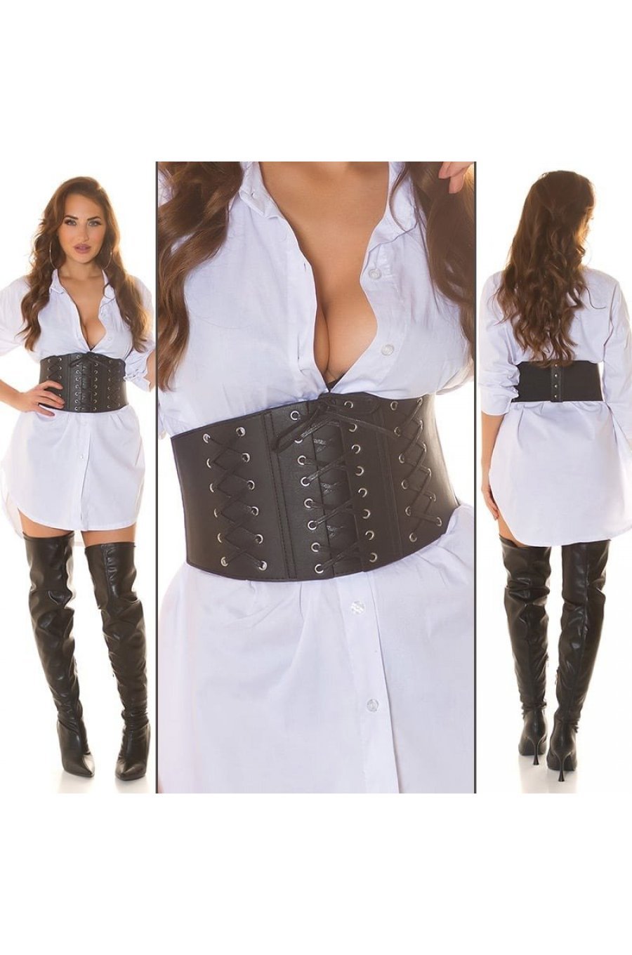 Curea dama tip corset, din piele eco, neagra, lata, cu snur, Alanis 3 - jojofashion.ro