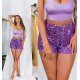 Pantaloni dama scurti mov lila, din paiete, cu talia inalta, Cherida 4 - jojofashion.ro