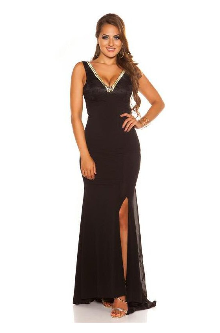 Rochie neagra lunga din dantela mulata cu spatele gol Elena 1 - jojofashion.ro