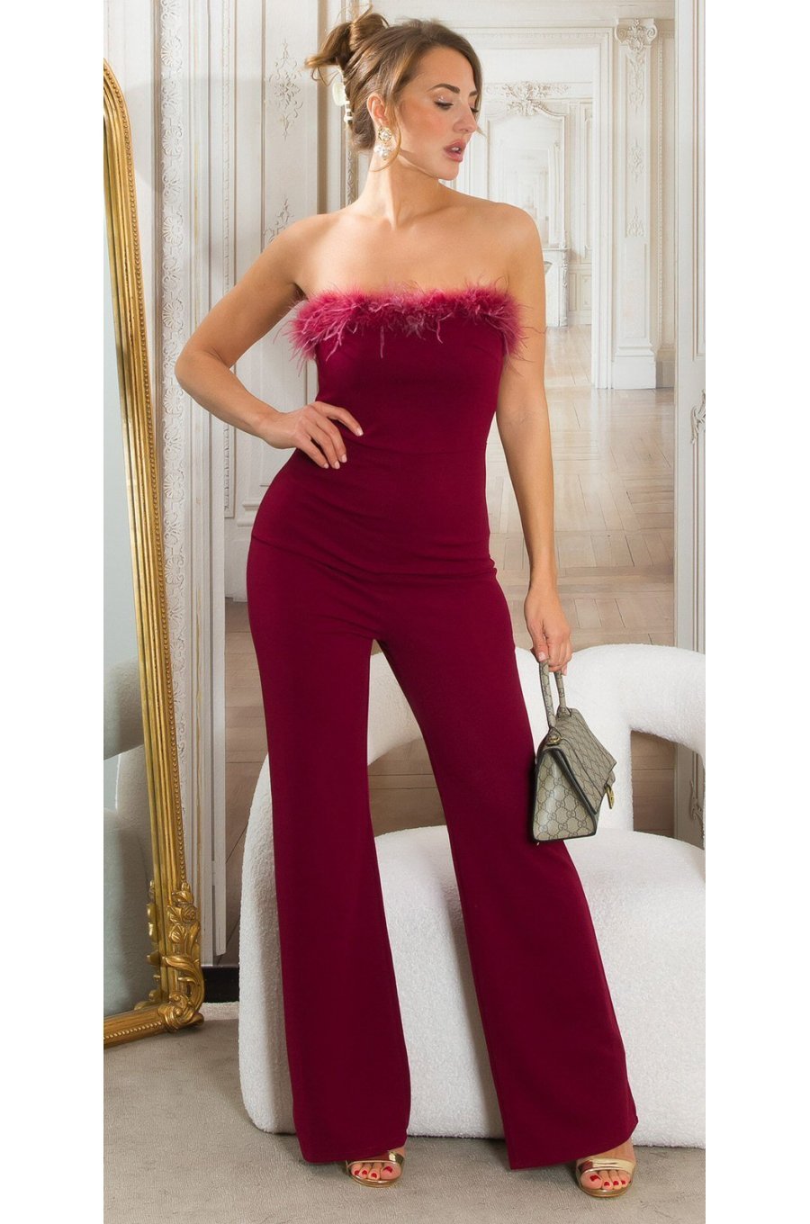 Salopeta eleganta evazata burgundy cu puf si umeri goi, Tatianne 1 - jojofashion.ro