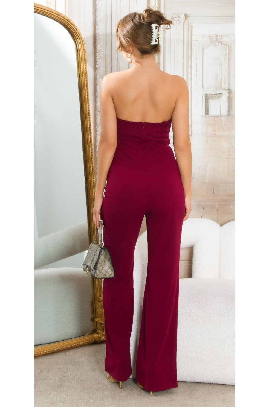 Salopeta eleganta evazata burgundy cu puf si umeri goi, Tatianne 2 - jojofashion.ro