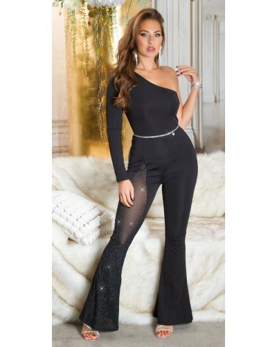 Salopeta eleganta evazata, neagra, cu o maneca lunga, Koralia Salopeta eleganta evazata, neagra, cu o maneca lunga, Koralia - jojofashion.ro