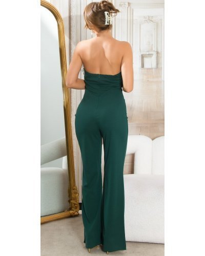 Salopeta eleganta evazata verde smarald cu puf si umeri goi, Tatianne - jojofashion.ro