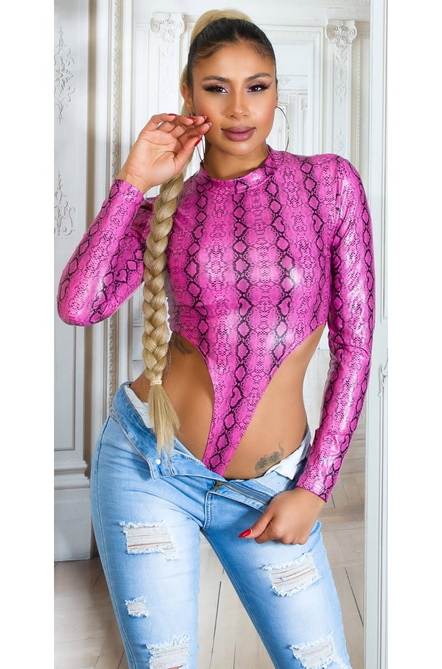 Body dama roz ciclam din piele eco print sarpe Sofia 4 - jojofashion.ro