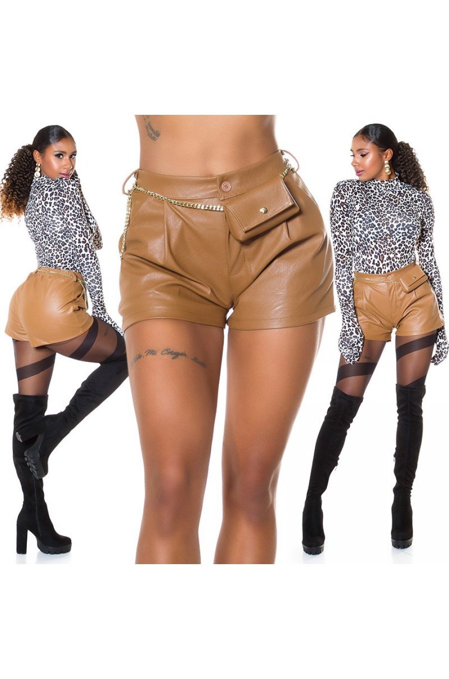 Pantaloni dama scurti capuccino piele eco cu buzunare Kimmy 5 - jojofashion.ro