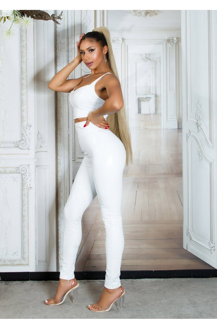 Pantaloni dama mulati albi din latex cu talia inalta Chantal 2 - jojofashion.ro