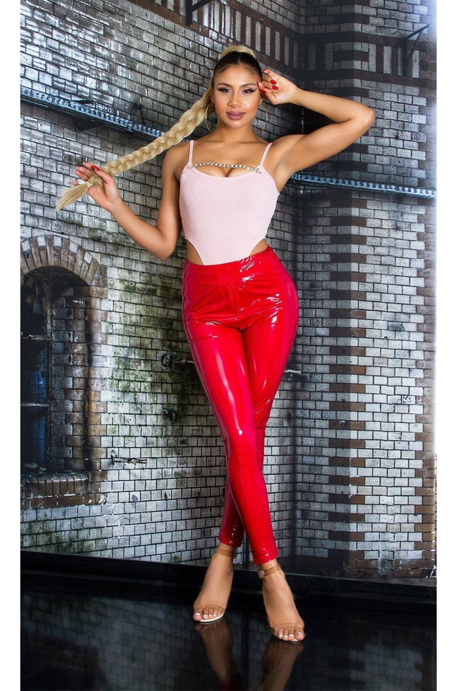 Pantaloni dama mulati rosii latex WetLook Inna 4 - jojofashion.ro