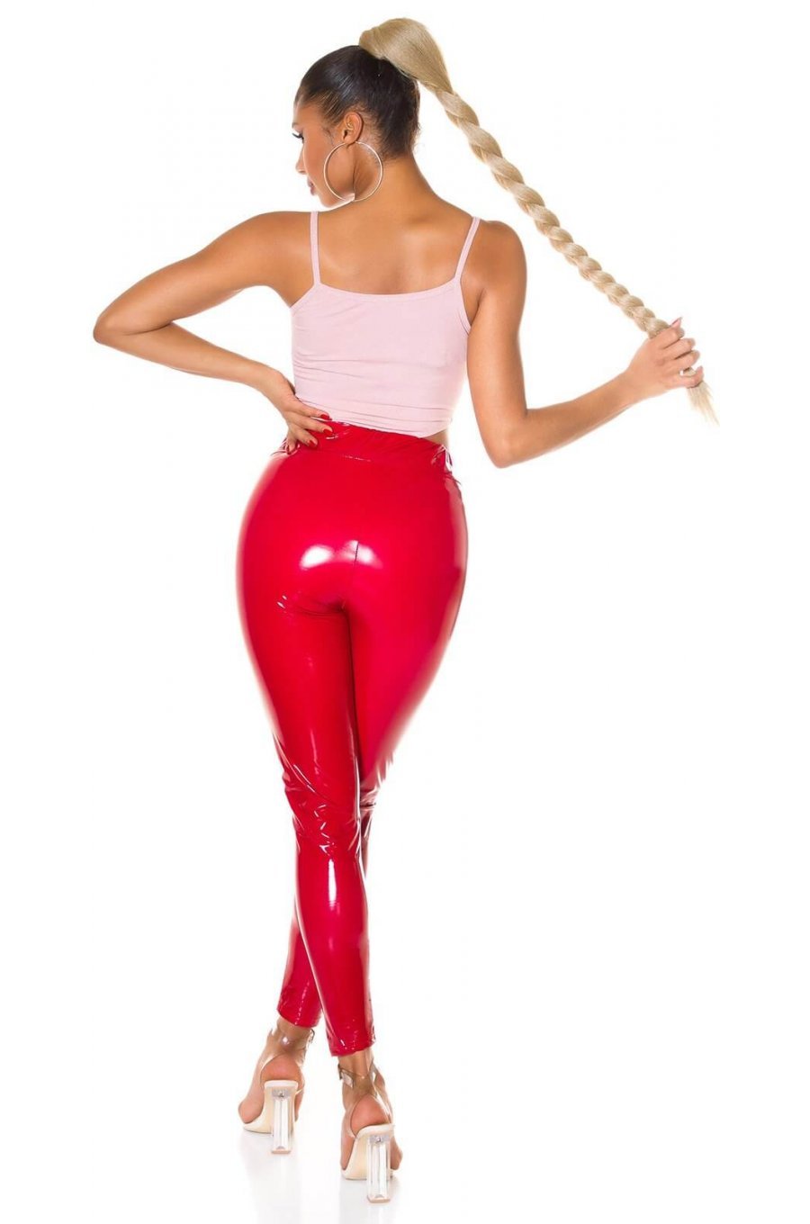Pantaloni dama mulati rosii latex WetLook Inna 5 - jojofashion.ro