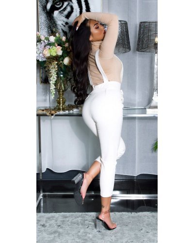 Pantaloni dama casual albi piele eco cu bretele Suzanne Pantaloni piele dama, Pantaloni dama casual albi piele eco cu bretele Suzanne - jojofashion.ro