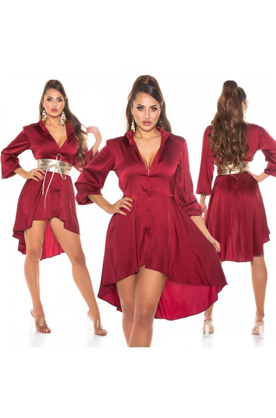 Rochie scurta, tip camasa, burgundy, asimetrica, Sabrina 3 - jojofashion.ro
