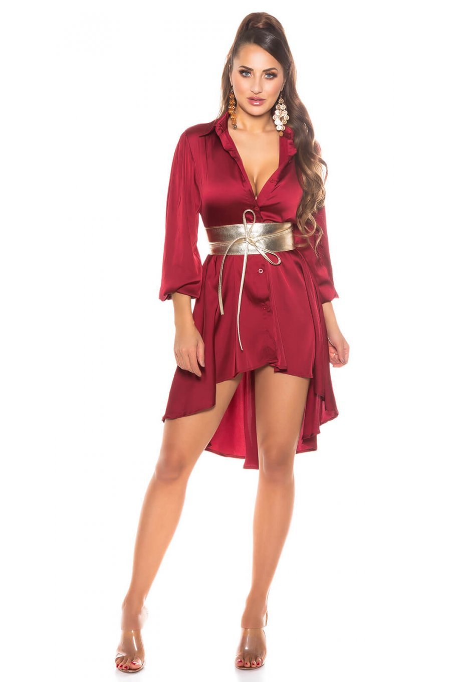 Rochie scurta, tip camasa, burgundy, asimetrica, Sabrina 1 - jojofashion.ro