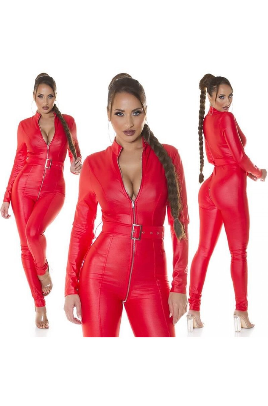 Salopeta rosie Wetlook cu fermoar fata spate Jannine 3 - jojofashion.ro