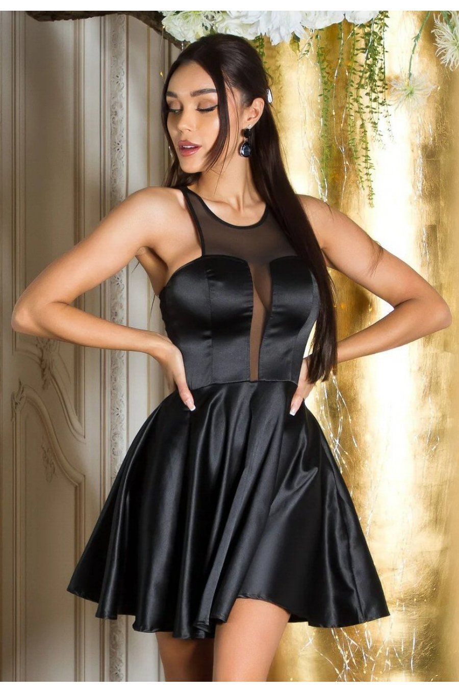 Rochie de seara scurta, neagra, in clos, cu benzi transparente, Diana 1 - jojofashion.ro