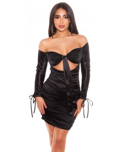Rochie scurta neagra din satin mulata cu umerii goi Oksana Rochii satin, Rochie scurta neagra din satin mulata cu umerii goi Oksana - jojofashion.ro