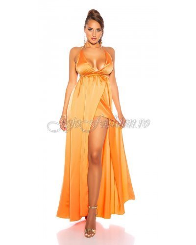 Rochie lunga orange Koucla cu aspect satinat Donna Rochii satin, Rochie lunga orange Koucla cu aspect satinat Donna - jojofashion.ro