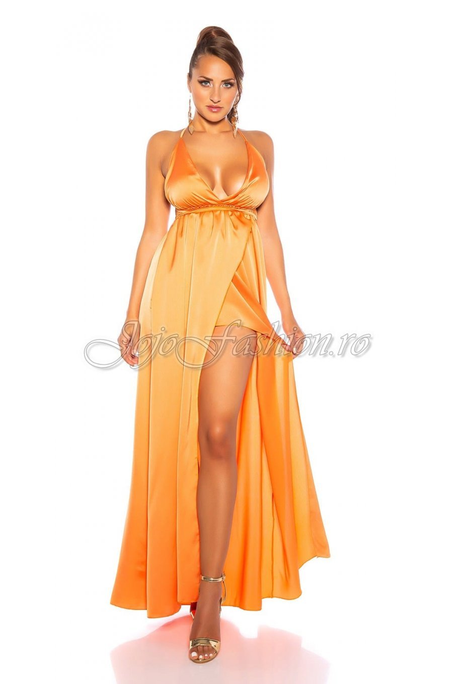 Rochie lunga orange Koucla cu aspect satinat Donna 2 - jojofashion.ro