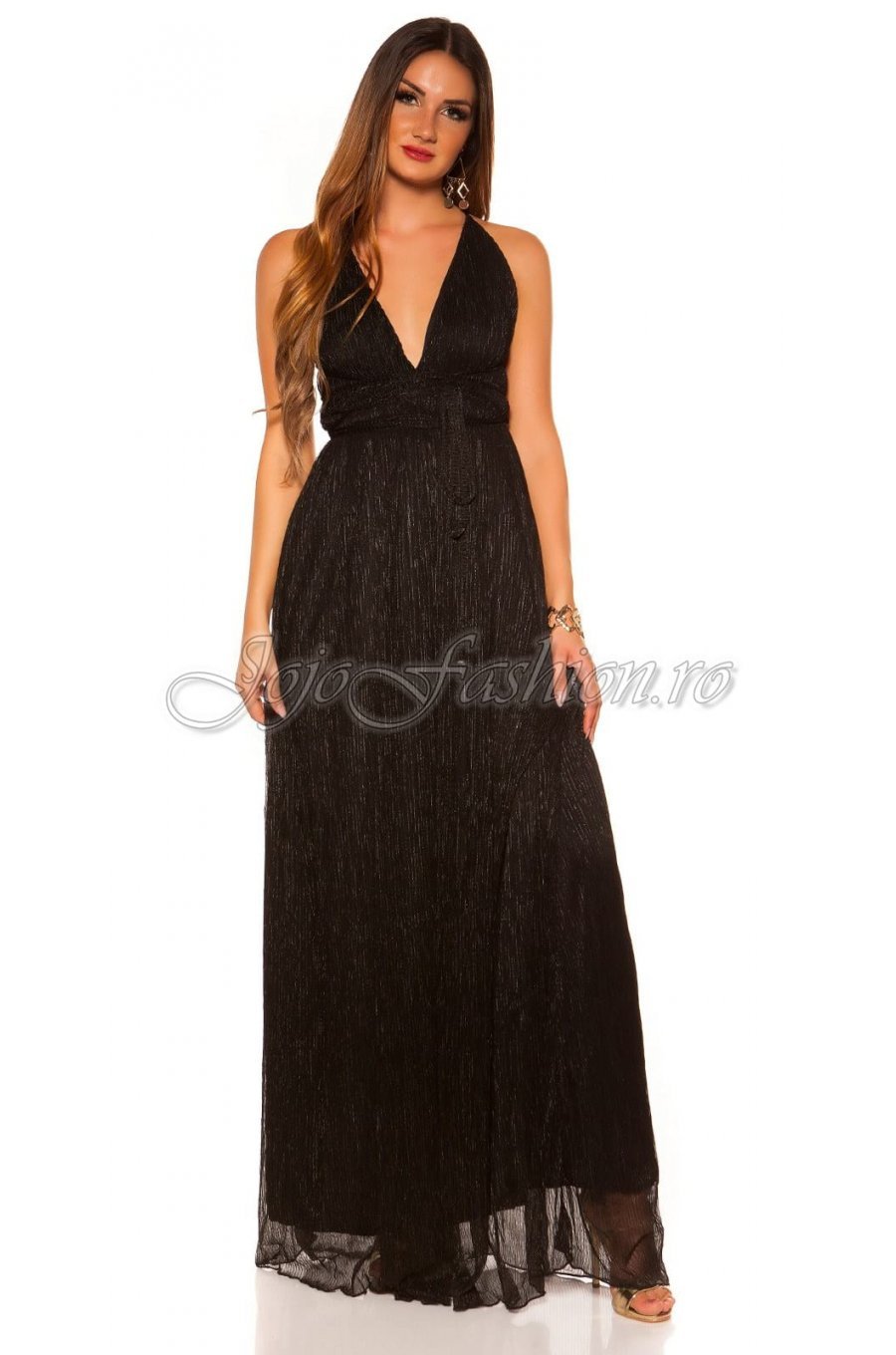 Rochie lunga neagra vaporoasa din glitter Dariana 1 - jojofashion.ro