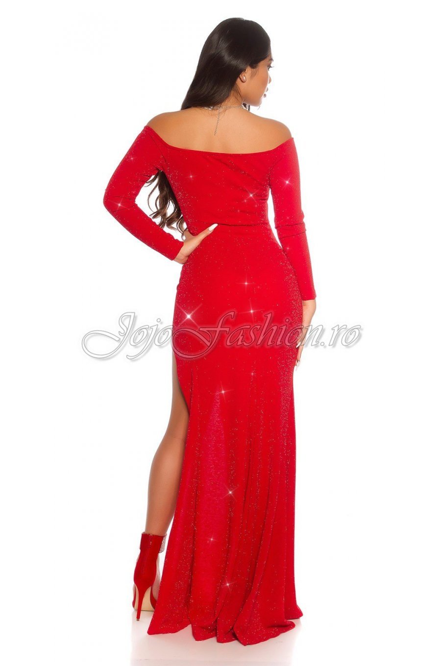 Rochie de seara eleganta lunga, glitter, rosie, mulata, cu maneca lunga, Koucla Carisa 6 - jojofashion.ro