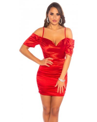 Rochie scurta rosie mulata din satin cu umerii goi Cher  Rochii satin, Rochie scurta rosie mulata din satin cu umerii goi Cher  - jojofashion.ro