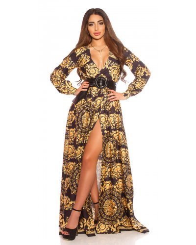 Rochie galbena vaporoasa lunga print baroc Carola Rochii lungi, Rochie galbena vaporoasa lunga print baroc Carola - jojofashion.ro