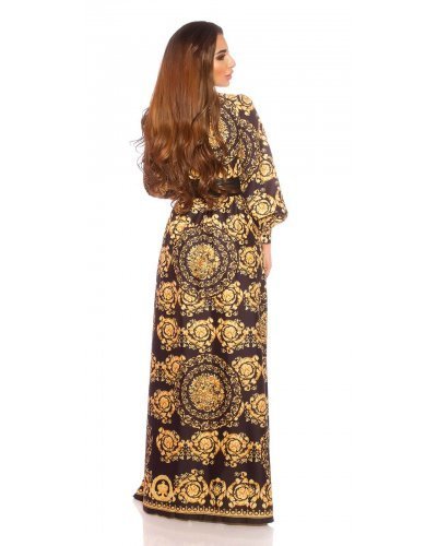 Rochie galbena vaporoasa lunga print baroc Carola Rochii lungi, Rochie galbena vaporoasa lunga print baroc Carola - jojofashion.ro