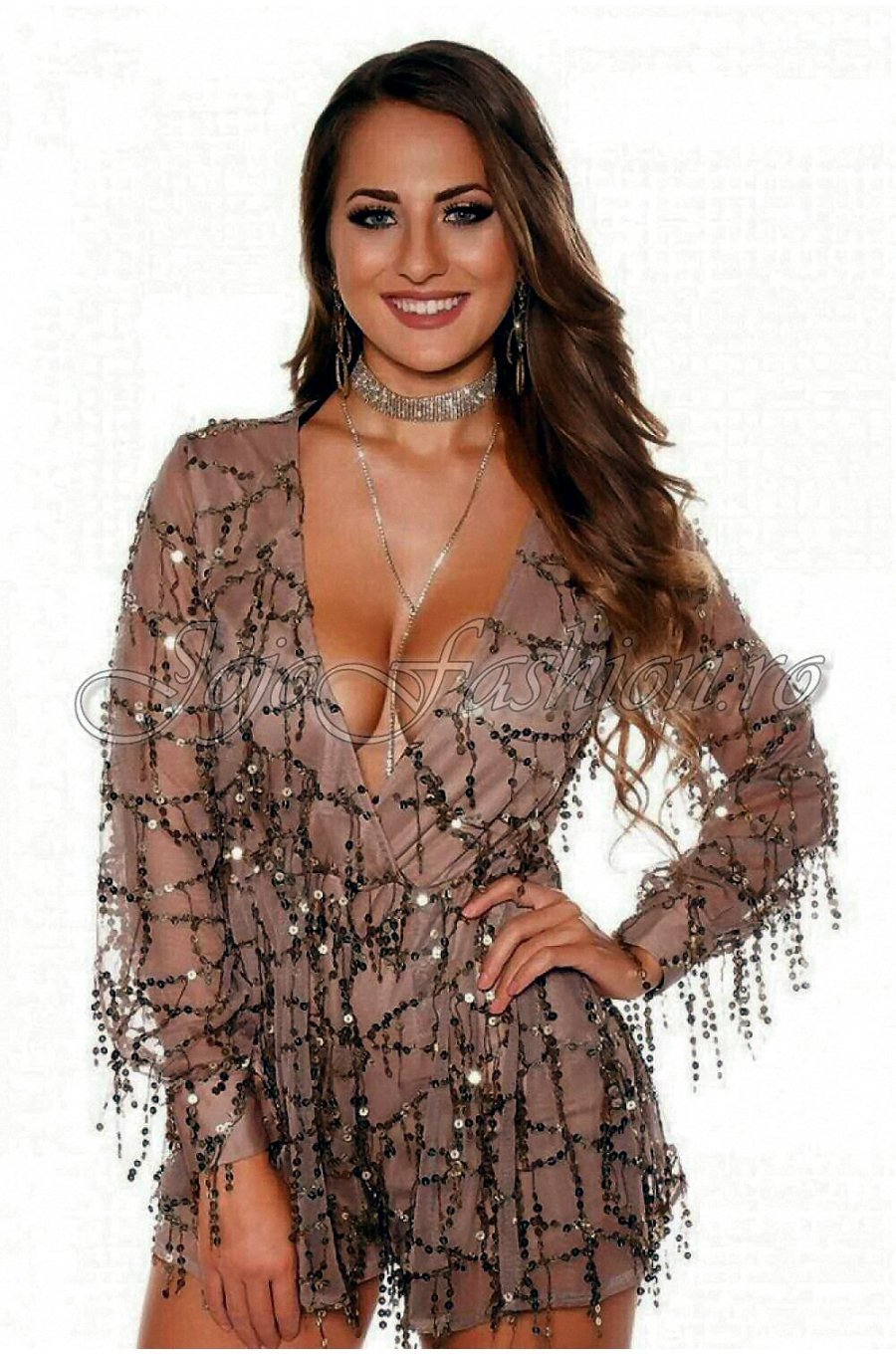 Salopeta scurta cappuccino cu paiete Eugenia 3 - jojofashion.ro