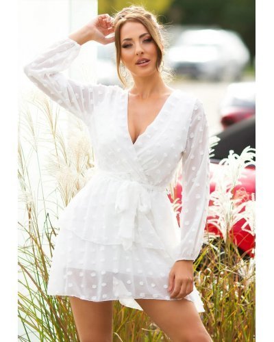 Rochie scurta alba din tulle cu buline cu volane cu maneca lunga Amoreea Rochii casual, Rochie scurta alba din tulle cu buline cu volane cu maneca lunga Amoreea - jojofashion.ro