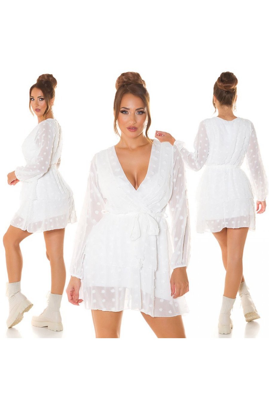 Rochie scurta alba din tulle cu buline cu volane cu maneca lunga Amoreea 6 - jojofashion.ro