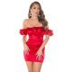 Rochie scurta rosie din satin mulata cu volane cu umerii goi Roby 2 - jojofashion.ro