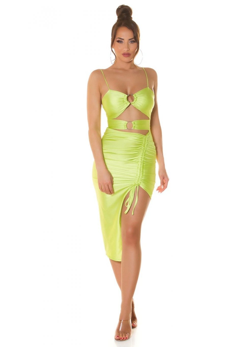 Rochie de club scurta, verde light, mulata, incretita, cu decupaje, asimetrica, Maia 4 - jojofashion.ro