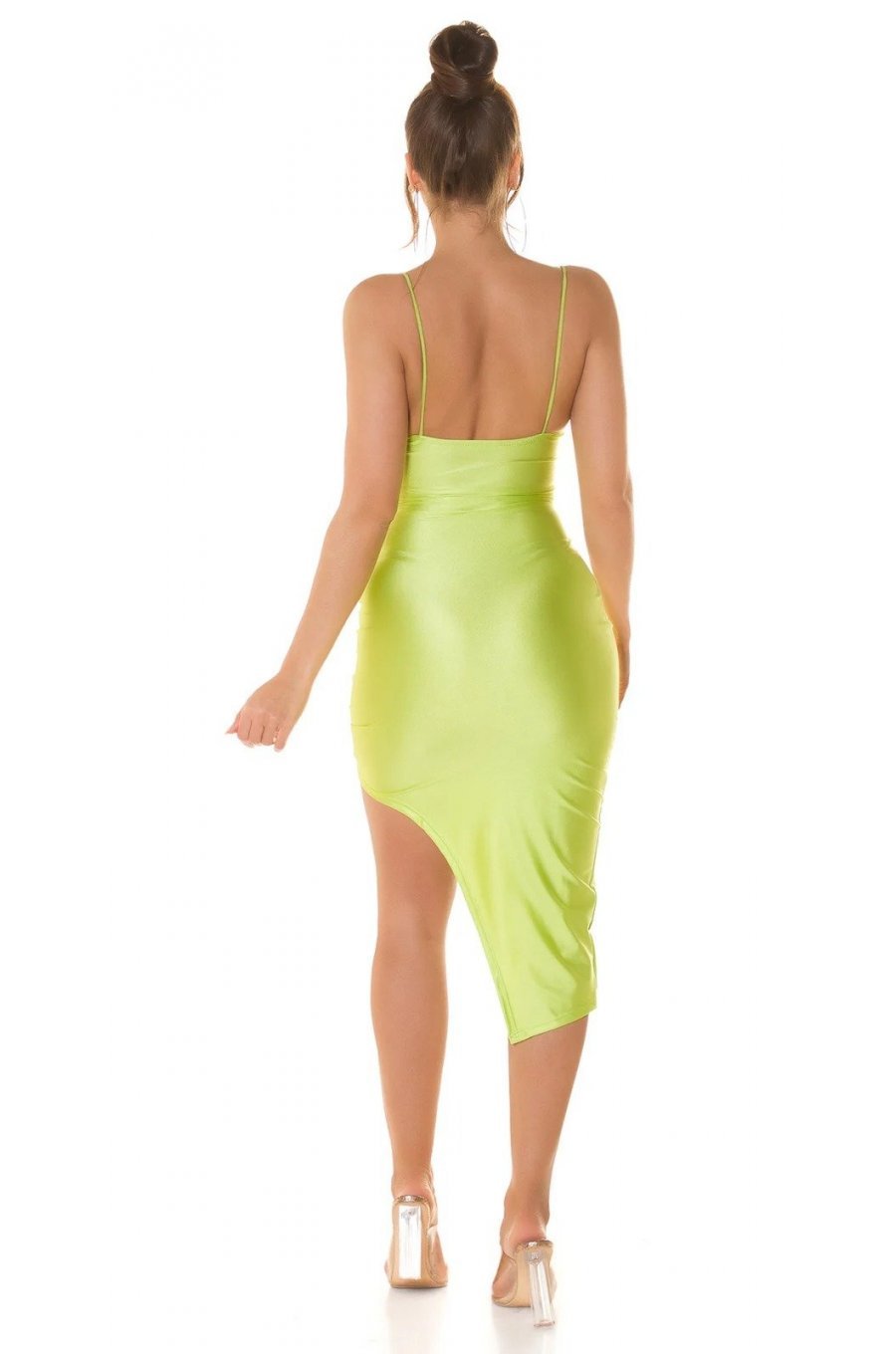 Rochie de club scurta, verde light, mulata, incretita, cu decupaje, asimetrica, Maia 6 - jojofashion.ro