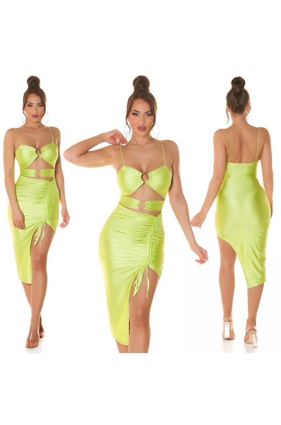 Rochie de club scurta, verde light, mulata, incretita, cu decupaje, asimetrica, Maia 7 - jojofashion.ro