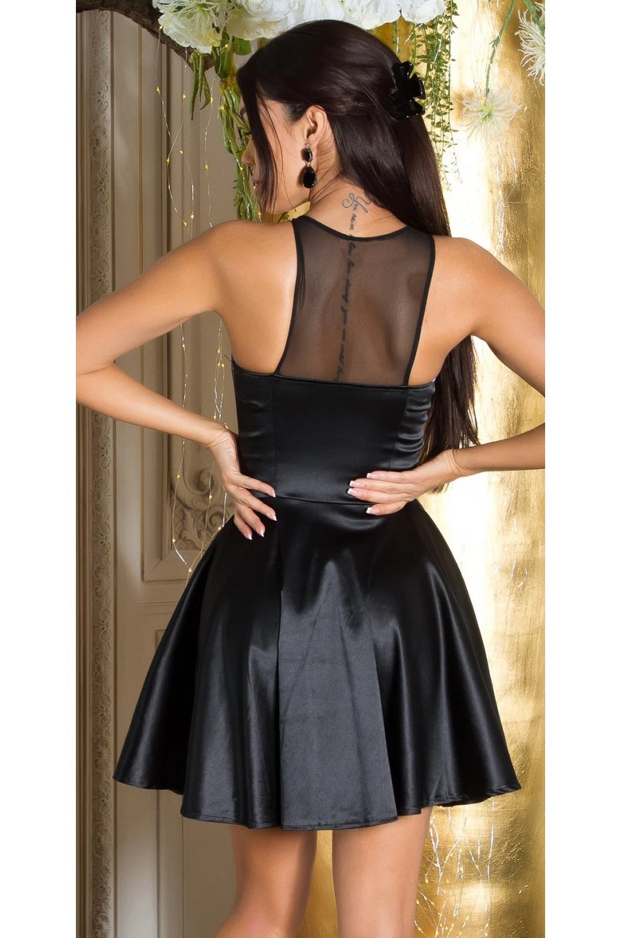 Rochie de seara scurta, neagra, in clos, cu benzi transparente, Diana 2 - jojofashion.ro