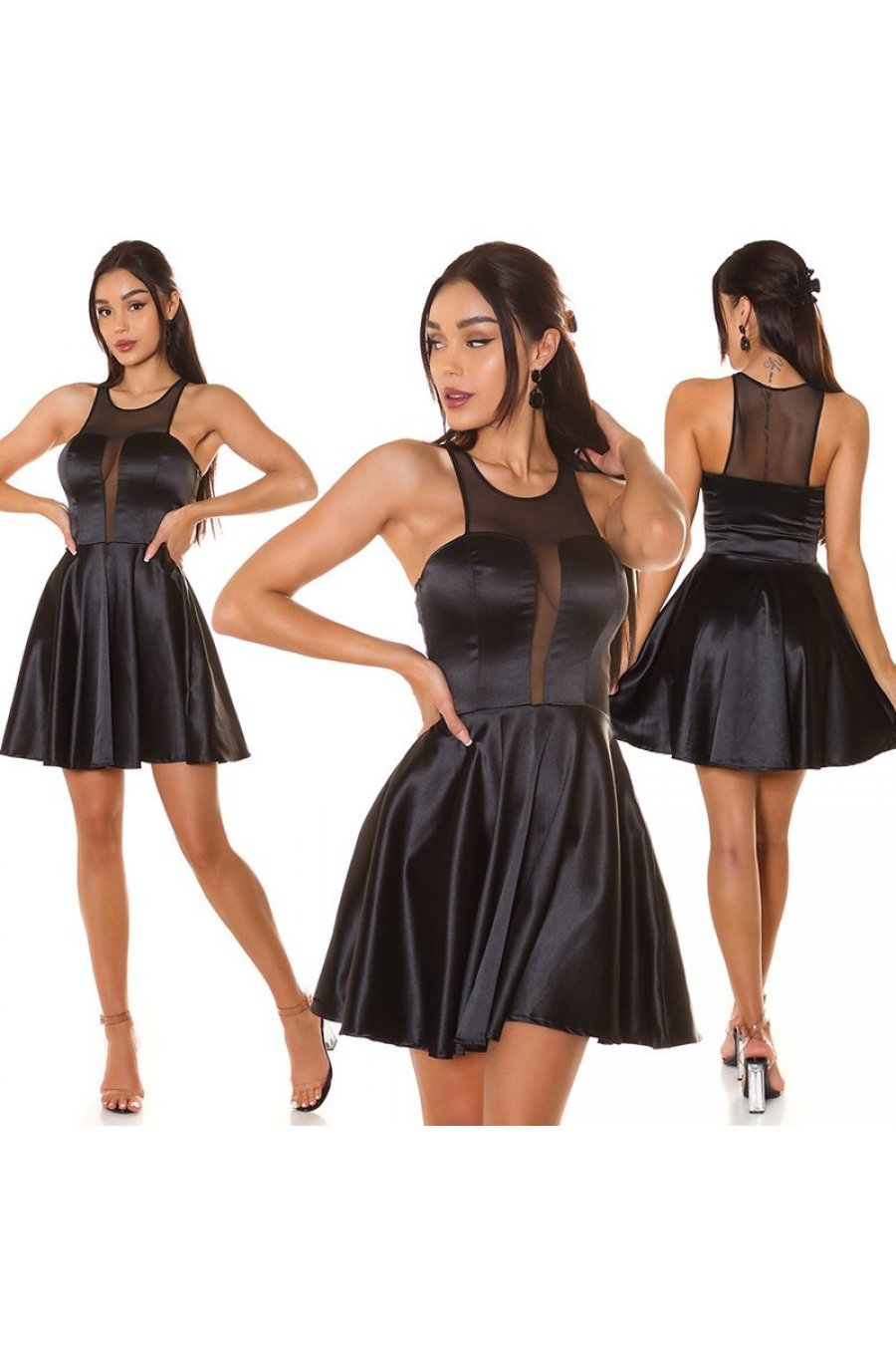 Rochie de seara scurta, neagra, in clos, cu benzi transparente, Diana 6 - jojofashion.ro