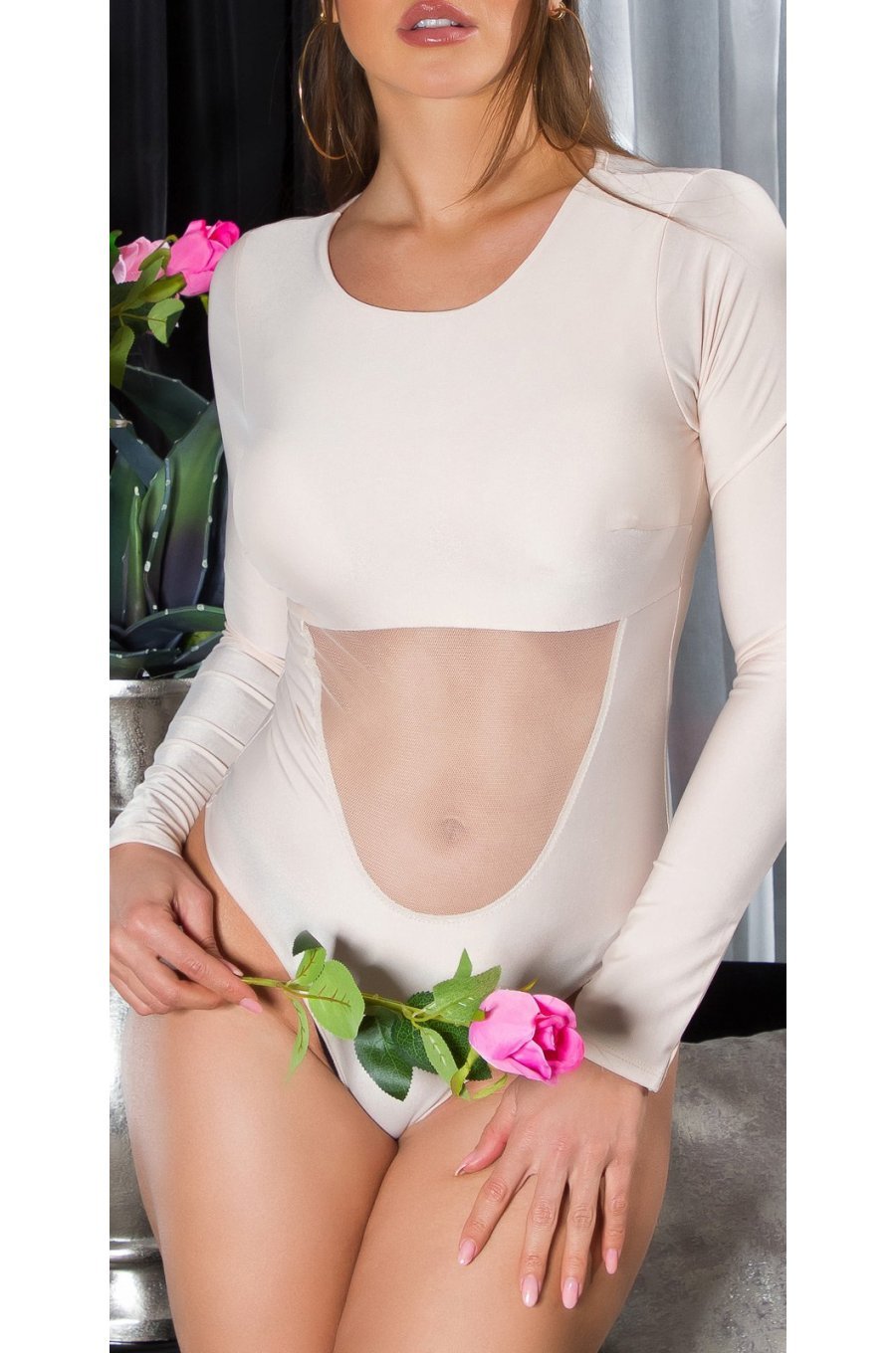 Body dama bej cu maneca lunga si cupe incorporate, Yvony 1 - jojofashion.ro