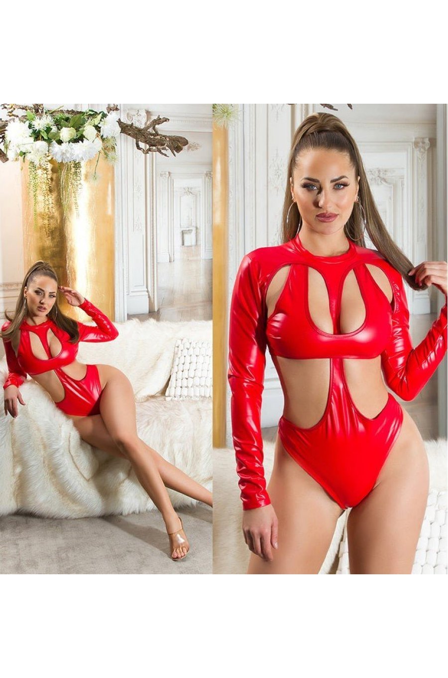 Body dama, imitatie piele, rosu, cu maneca lunga si decupaje sexy, Yasar Body dama, imitatie piele, rosu, cu maneca lunga si decupaje sexy, Yasar 5 - jojofashion.ro