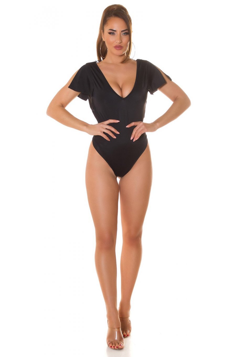 Body dama negru, cu dantela si maneca scurta, Sandra 4 - jojofashion.ro