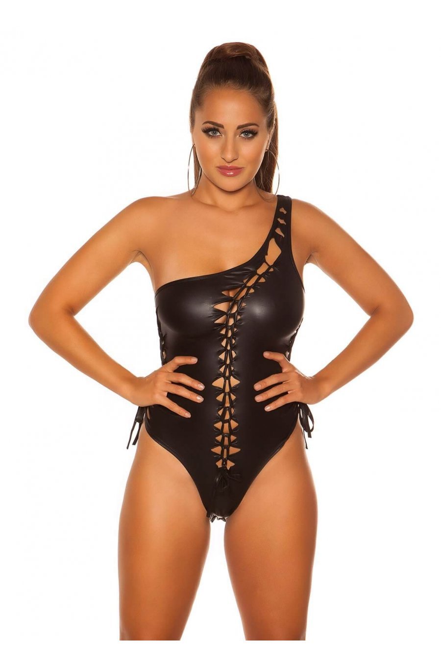 Body dama negru WetLook one shoulder Mikelle Body dama negru WetLook one shoulder Mikelle 4 - jojofashion.ro