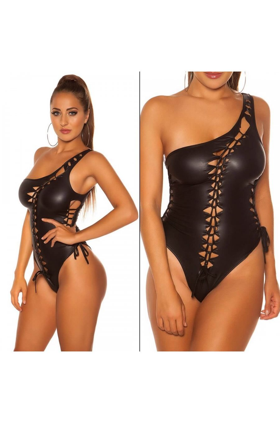 Body dama negru WetLook one shoulder Mikelle Body dama negru WetLook one shoulder Mikelle 5 - jojofashion.ro