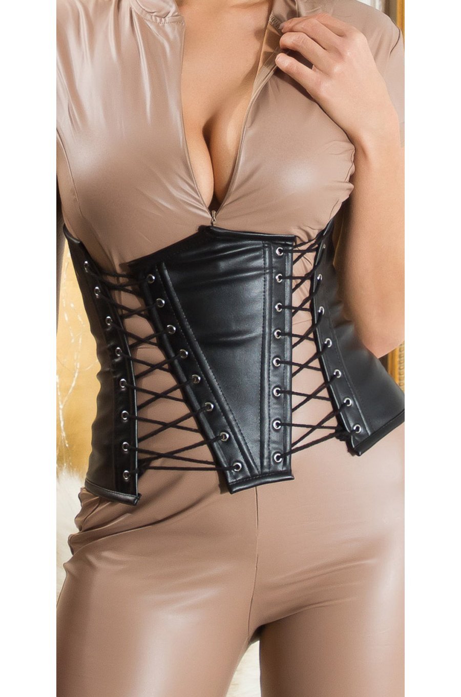 Corset dama negru, din piele eco, cu snur reglabil, Chaari Corset dama negru, din piele eco, cu snur reglabil, Chaari 1 - jojofashion.ro