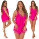 Neglijeu dama scurt, din satin roz magenta, cu dantela, Alfreda 8 - jojofashion.ro