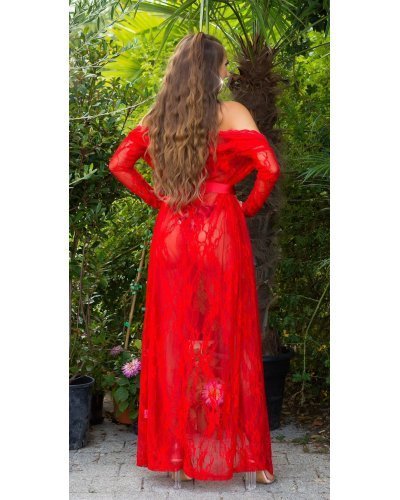 Neglijeu de lux rosu, lung, din dantela, tip halat, Giacinta Lenjerie intima, Neglijeu de lux rosu, lung, din dantela, tip halat, Giacinta - jojofashion.ro