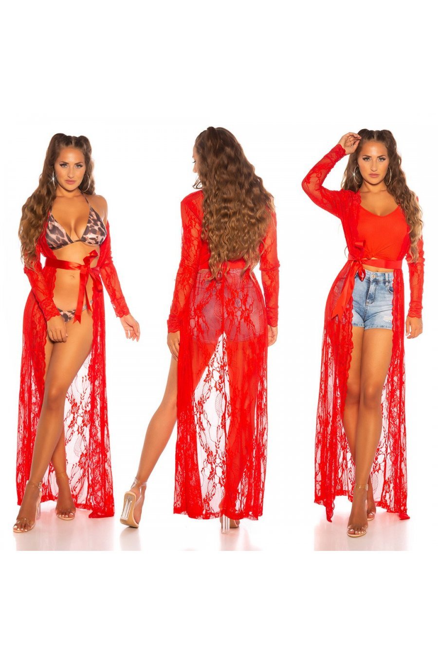 Neglijeu de lux rosu, lung, din dantela, tip halat, Giacinta Neglijeu de lux rosu, lung, din dantela, tip halat, Giacinta 7 - jojofashion.ro