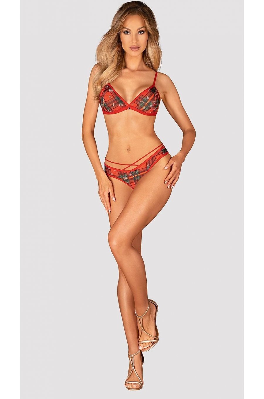 Set lenjerie intima dama, tanga, rosie, in carouri cu stelute, Perlita 3 - jojofashion.ro