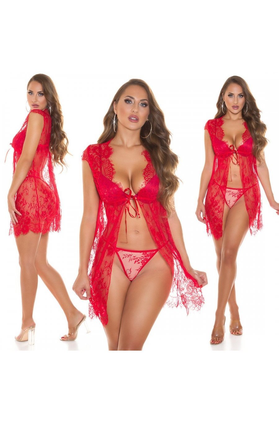 Set neglijeu din dantela, rosu, cu bikini G-String, Roxett 6 - jojofashion.ro