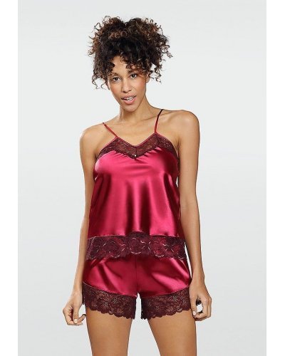 Set neglijeu din satin burgundy, cu insertii din dantela, Julle Lenjerie intima, Set neglijeu din satin burgundy, cu insertii din dantela, Julle - jojofashion.ro